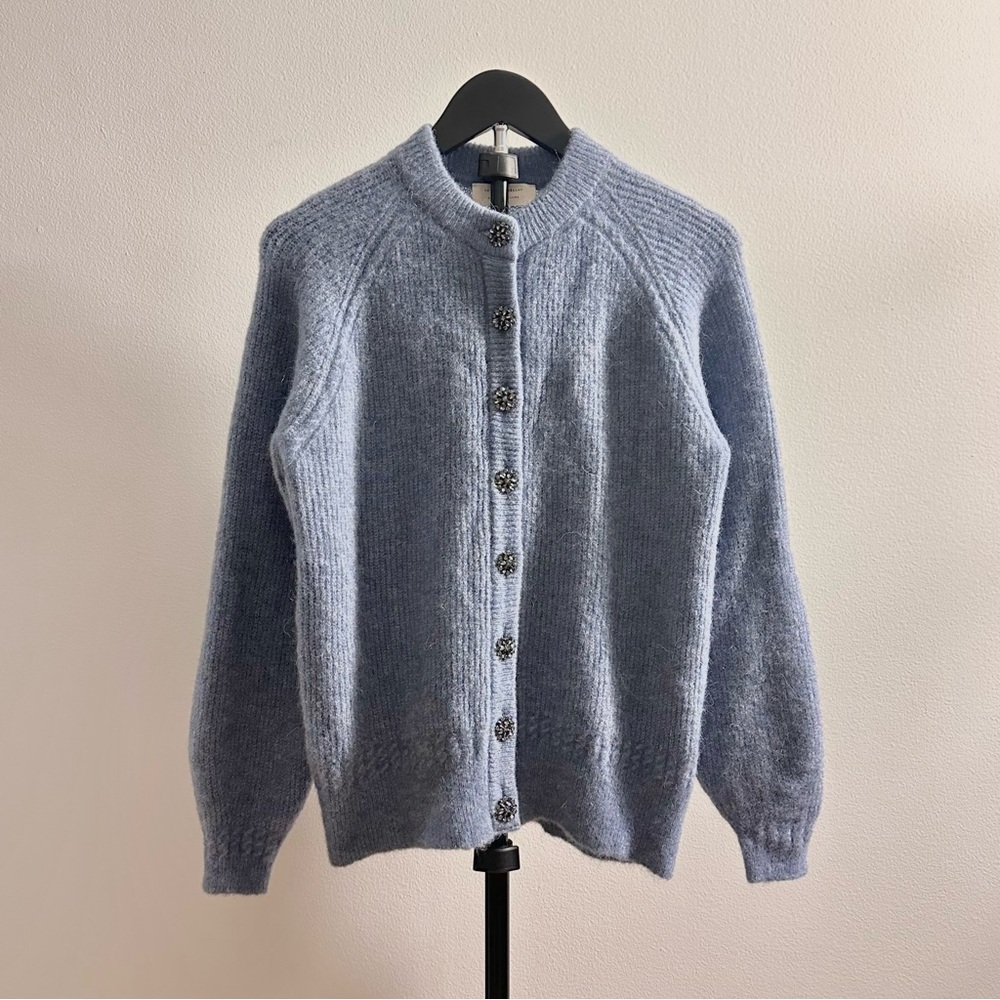 Sezane Othello Baby Alpaca Crew Neck Cardigan Ice Blue Size S